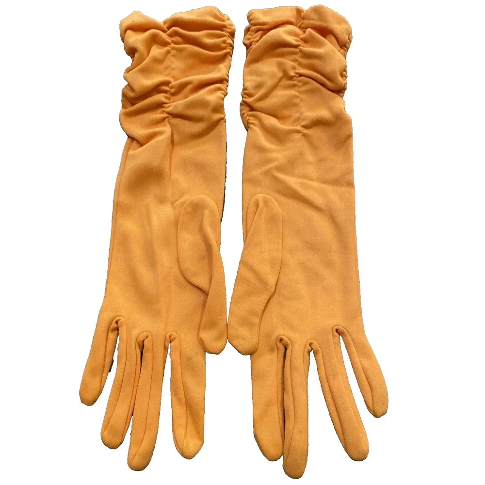 Vintage Dressy Orange Stretch Textile Gloves Ruched Elastic Wrist One Size 1960s